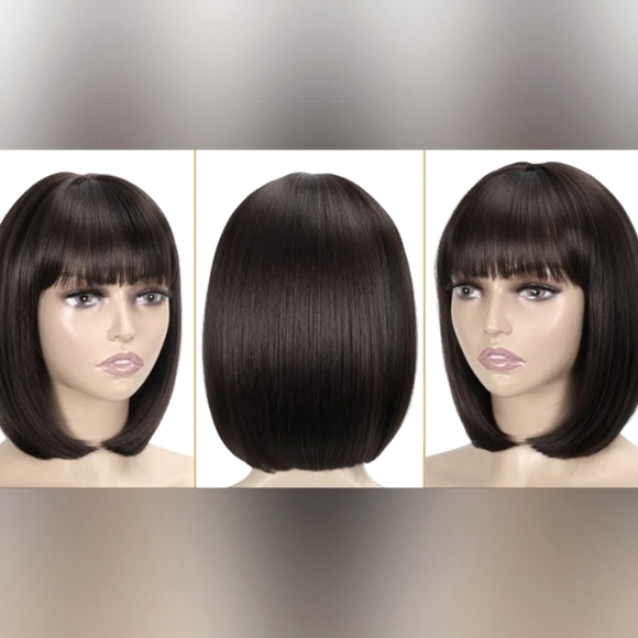 12 inch Short Bob Wig with Bangs Straight Dark Bown Hair NWOT - Picture 4 of 8